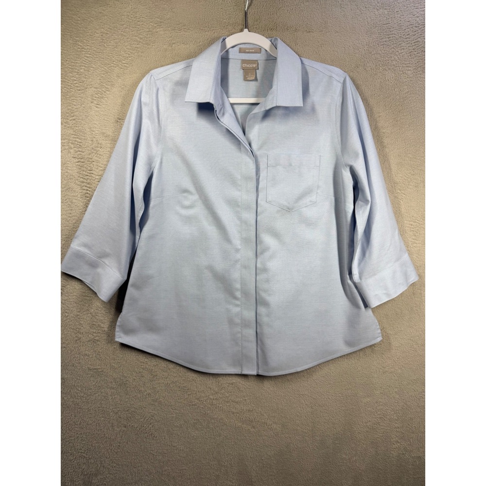 Chico's Button Down Shirt Women's S Light Blue No Iron 3/4 Sleeve Cotton Blouse